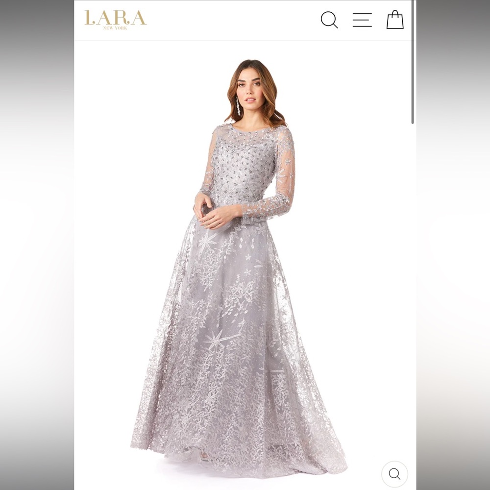 LARA Silver Beaded Lace Long Sleeve Evening Gown